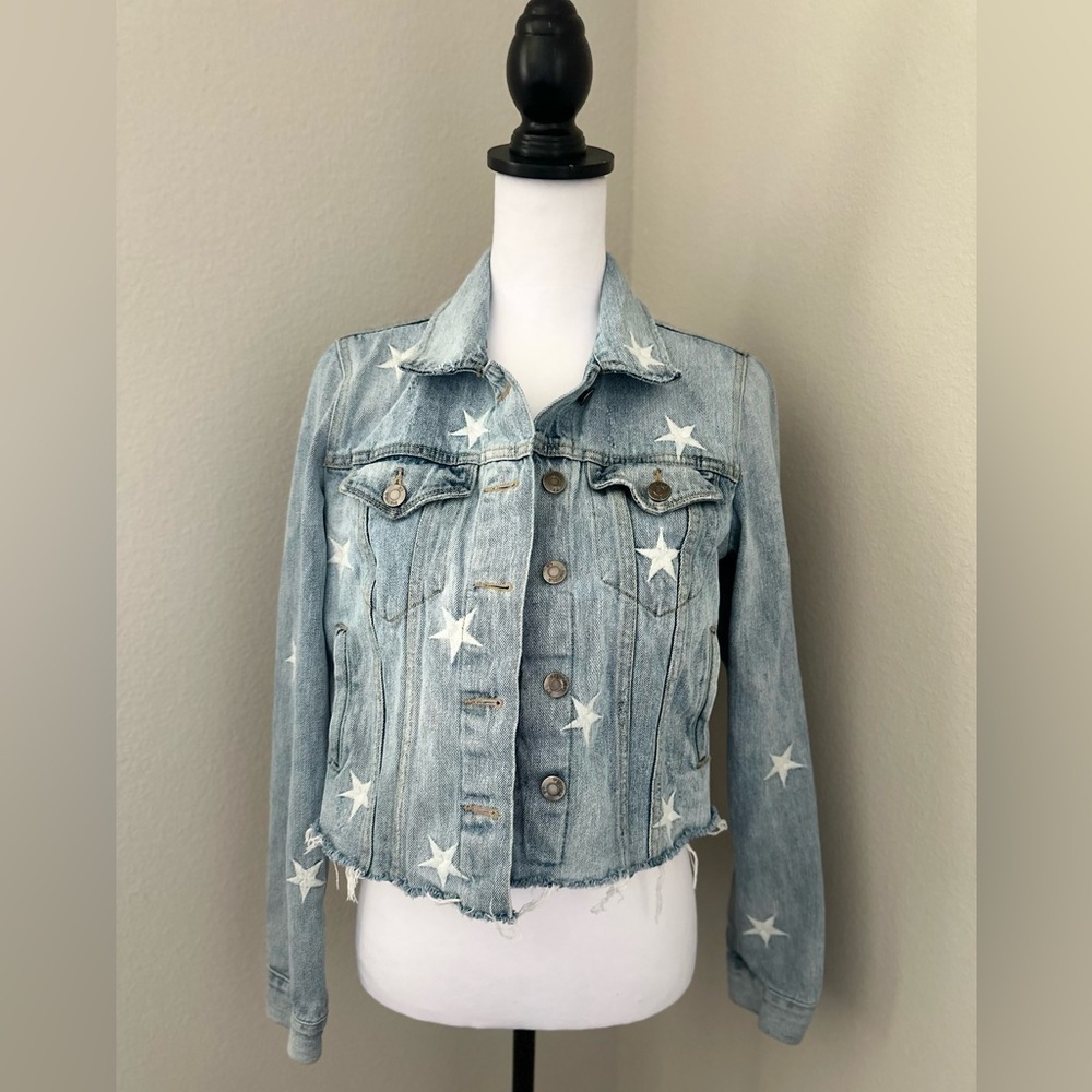 Pistola Brando Star Embroidery Denim Jacket in a light wash with a raw hem. - Picture 3 of 14